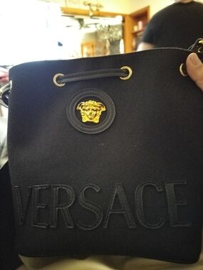 Versace Black Canvas Bucket Messenger Bag with Gold Medusa Detail